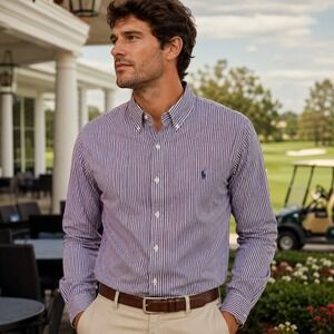 Polo Ralph Lauren Mens Custom Fit Shirt Sz XXL Purple White Striped Button Down